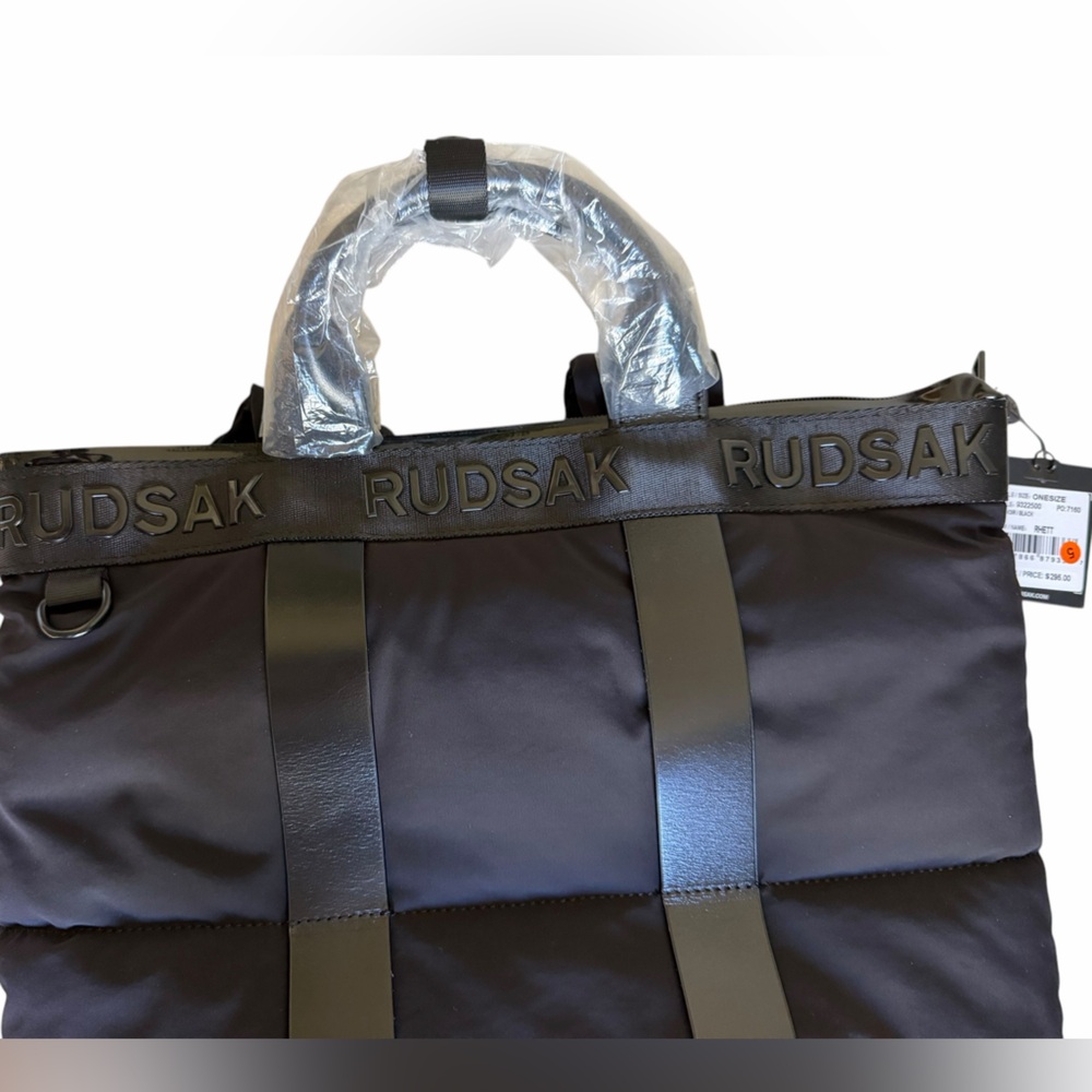 RUDSAK Black Quilted Puffer Logo Strap Backpack Minimalist Heirloom Luxury NWT - Picture 5 of 9